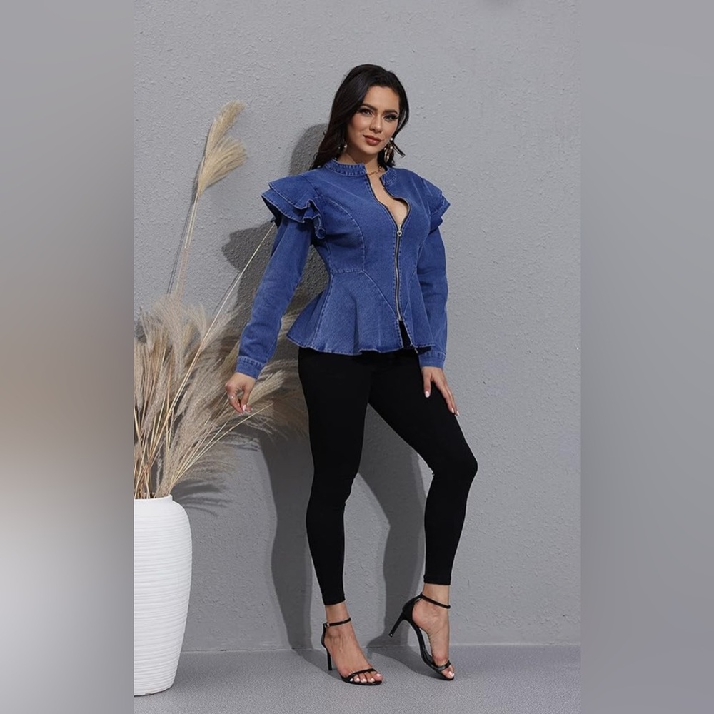 Blue Ruffle Sleeve Denim Jacket - Picture 2 of 2
